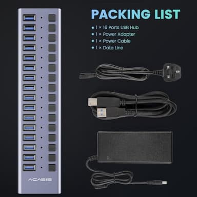 90W Powered USB Hub - ACASIS 16 Ports USB 3.0 Data Port, Aluminum Housing, Individual On/Off Switches, 12V/7.5A Power Adapter, USB Splitter for Laptop, PC, Computer, Printer - Image 9