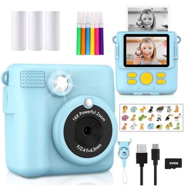 Radekly Instant Print Camera for Kids,Christmas Birthday Gifts for Age 3-12 Girls Boys，1080P HD Digital Video Cameras for Toddler,Kids Portable Toy with 3 Rolls Photo Paper，32GB Card-Blue - Image 1