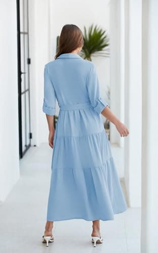 ECOWISH Women's Maxi Shirt Dress - 2024 Long Sleeve Button Casual Fall A-line Work Tiered Dresses with Belt and Pockets Blue Medium - Image 8