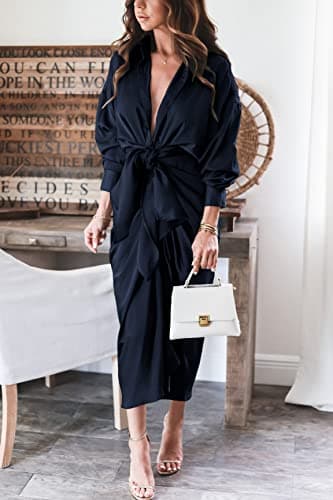 BTFBM Maxi Dresses for Women Fall 2025 Long Sleeve Lapel Neck Button Down Elegant Satin Belted Ruched Summer Shirt Dress(Navy, Medium) - Image 4