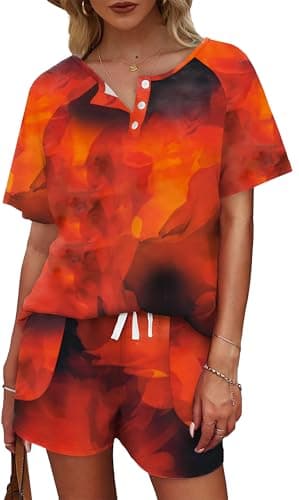 WIHOLL 2 Piece Sets For Women Summer Lounge Wear Matching Pajamas Set Graphic Tees And Shorts Track Suits Spring Break Clothes Tie Dye Red M - Image 3