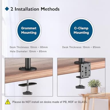 BONTEC Dual Monitor Desk Mount, Full Motion Adjustable Monitor Stand for 13–27 Inch Screens, Heavy Duty Arms Hold Up to 22 lbs Each, VESA 75x75/100x100 mm, C Clamp and Grommet Base, Cable Management - Image 8