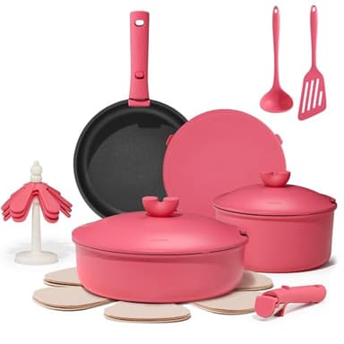 CAROTE 17pcs Pots and Pans Set Non Stick, Nonstick Cookware Set, Oven/Dishwasher/Fridge Safe Pots and Pans, RV Safe Cookware, Induction Kitchen Gift Set Detachable Handle, Pink - Image 1