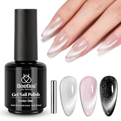Beetles Silver Cat Eye Gel Nail Polish - Star Cascade Glitter Cat Eye Gel Polish, Wedding Beauty Color with Magnet Soak Off UV Velvet Nail Polish Salon DIY Manicure Gift for Women 15ML - Image 1