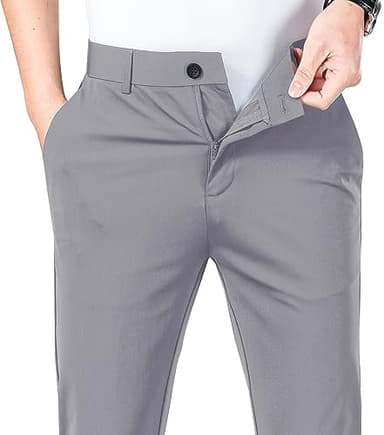 LUSHENUNI Men's Golf Pants Slim High Stretch, Ice Silk Dress Pants with Expandable-Waist Pants (Dark Grey,38) - Image 3