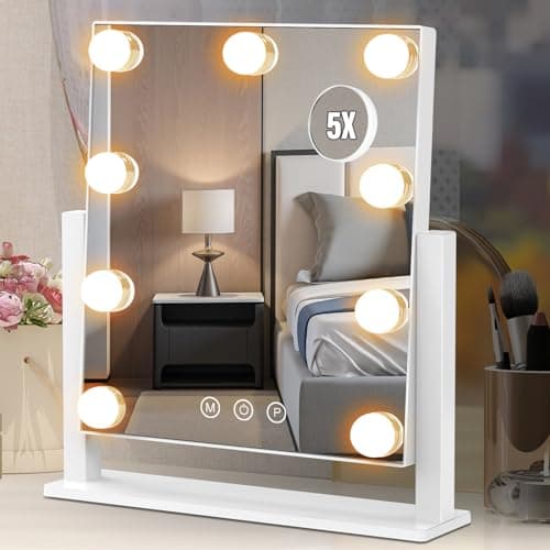 Vanity Mirror with Lights, Hollywood Lighted Makeup Mirror with 3 Color Lighting Modes and 9 Dimmable Bulbs, Detachable 5X Magnification, Smart Touch Control, 360°Rotation, White - Image 1