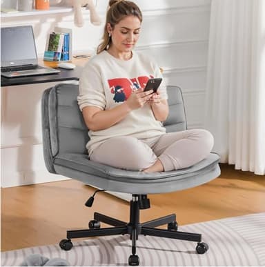 COMHOMA Cross Legged Office Chair with Wheels Armless-Office Desk Chair, Modern Vanity Computer Task Chairs for Home Bedroom, Comfortable Wide Seat for Lower Back Pain Relief, Soft Velvet, Gray - Image 1