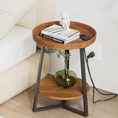 Gadroad Round End Table with Charging Station, USB Ports, Wood Tabletop & Black Metal Frame, 2-Tier Side Table for Living Room, Bedroom, Brown 15.7 * 15.7 * 23.0inches - Image 8