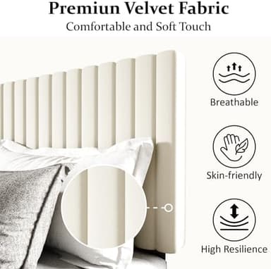 King Size Bed Frame with Velvet Upholstered Headboard, Platform Bed with Strong Wood Slats, Mattress Foundation, Box Spring Optional, Easy Assembly, Beige - Image 5