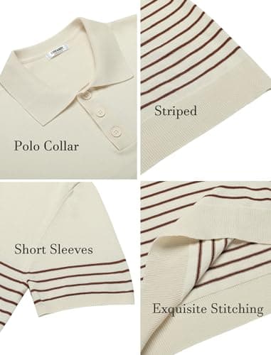 COOFANDY Men's Striped Knit Polo Shirt Short Sleeve Button Down Knitting Golf Shirts Classic Fit Shirts, Beige, Large - Image 6