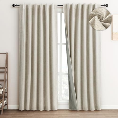 FLORECORD 100% Blackout Linen Curtains 52 Inch Wide x 90 Inch Long 2 Panels Set Thermal Insulated Textured Black Out Darkening Drapes for Bedroom Living Room Hook Belt/Back Tab/Rod Pocket, Beige - Image 1