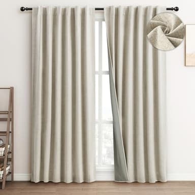 FLORECORD 100% Blackout Linen Curtains 52 Inch Wide x 90 Inch Long 2 Panels Set Thermal Insulated Textured Black Out Darkening Drapes for Bedroom Living Room Hook Belt/Back Tab/Rod Pocket, Beige - Image 1