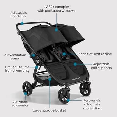 Baby Jogger City Mini GT2 All-Terrain Double Stroller Jet Black Perfect for Newborn and Toddler Compatible with Britax Cybex Graco and Maxi Cosi Infant Car Seats - Image 7