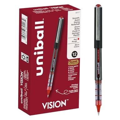 uniball Vision Roller Ball Pen, Stick, Micro 0.5 Mm, Red Ink, Gray/red Barrel, Dozen - Image 1