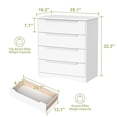 Gizoon 4 Drawer Dresser for Bedroom, Sturdy White Chest of Drawers with Anti-Tip Device, Modern Large Capacity Storage Furniture for Closet, Embedded Handles, Space-Saving Design, Wooden Finish, White - Image 2