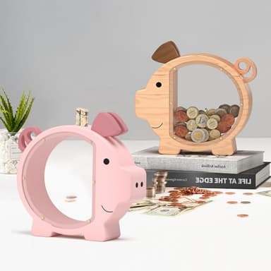 Summidate Pink Piggy Bank Girls,Clear Wooden Piggy Bank for Kids Toddlers,Cute Wood Money Coin Bank with DIY Sticker, Personalized Money Box Toys for Child Birthday Decor - Image 8
