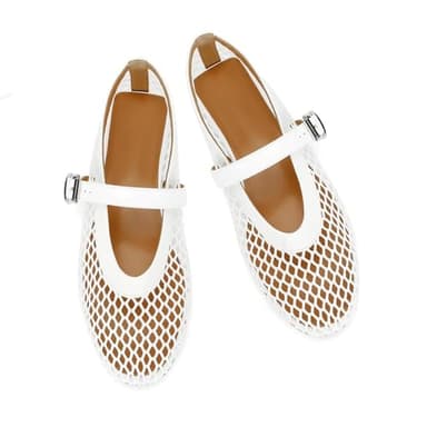 DOEYG Mesh Ballet Flats for Women Round Toe Mesh Flats Ballet Shoes Buckle Strap Mesh Mary Jane Flats Comfy Casual Office Summer Fishnet Ballerina Flats Shoes White - Image 4