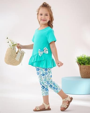 SOLOYEE Toddler Girl Clothes 3T 4T Girls Outfit, Short Sleeve Ruffle Top with Bowknot + Floral Print Capri Pants 2Pcs Spring Summer Clothing Set - Image 2