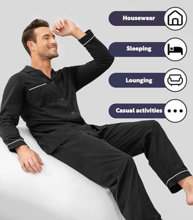 DAVID ARCHY Mens Pajamas Set Soft Cotton Notched Collar Pajamas for Men Long Sleeve Mens Sleepwear with Pockets & Front Fly (L, Black) - Image 5