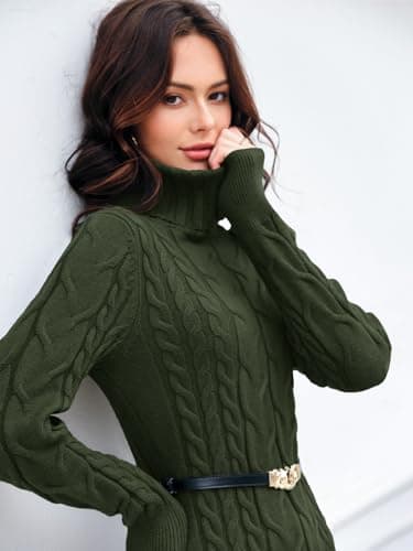 Langwyqu Womens Cable Knit Sweater Dress Sexy Long Sleeve Bodycon Turtleneck Mini Fall Sweaters Dresses Army Green - Image 4
