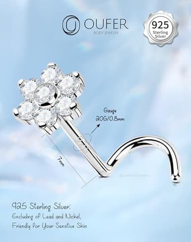 OUFER 925 Sterling Silver Nose Rings, Flower Nose Studs, Cute Nose Nostril Piercing Jewelry, Screw Shaped 20G Silver Nose Rings Studs for Women Men - Image 5