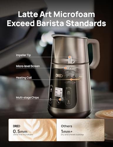 Dreo All-in-1 Milk Frother, Electric Foam Frother for Latte Art Microfoam and Coffee, 15oz/450ml Automatic Milk Warmer with 30 Drinks, Dishwasher Safe, Dairy/Plant-Based Milk - Image 3