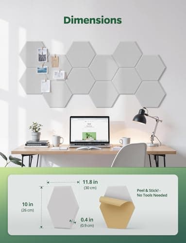 Large Bulletin Board 12" x 10", 12 Pack White Cork Boards for Walls, Self-Adhesive Hexagon Felt Pushpins Wall Tiles, Display for Messages, DIY Notice, Photo Decorations, Classroom, Office, Bedroom - Image 9