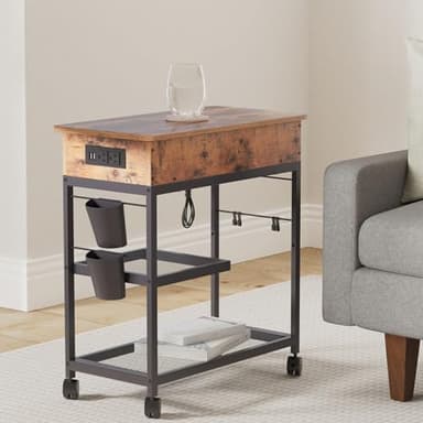 Colima Lift Top End Table with Charging Station and Wheels, Sofa Side Table with USB Port & AC Outlets, Movable Bedside Nightstand with Side Bag for Office Living Room Bedroom(Rustic Wood) - Image 2