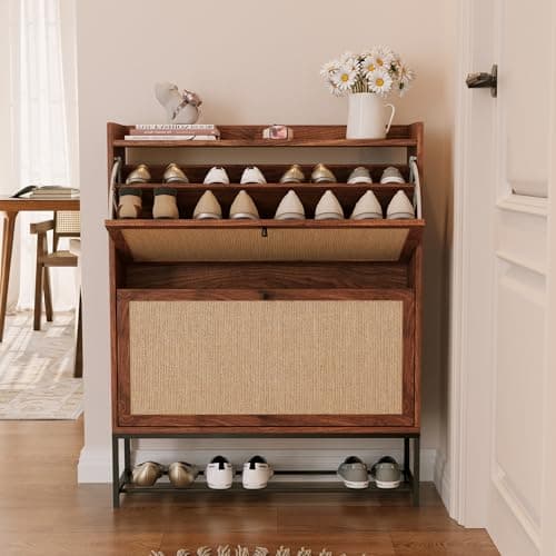 AVZEAR Narrow Shoe Storage Cabinet for Entryway with 2 Flip Drawers, Freestanding Shoe Cabinet with Natural Linen Panel, Slim Wood Shoe Organizer Closed Shoe Rack for Hallway, Foyer(Walnut) - Image 1