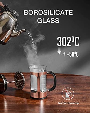 BAYKA 21 Ounce 0.6 Liter French Press Coffee Tea Maker Small, Heat Resistant Thickened Borosilicate Glass Stainless Steel Single Serve Brewer, Cold Brew Percolators, Cafetera Teapot, Copper - Image 2