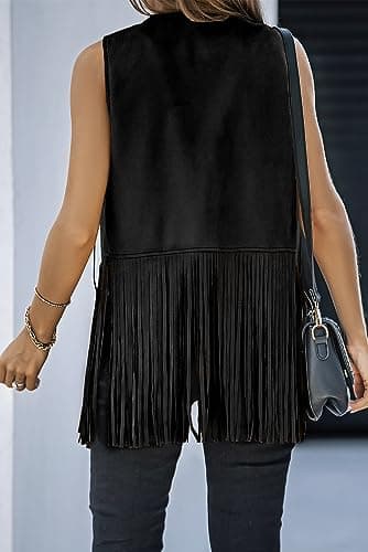 Dokotoo Womens Early Fall Fashion Cowboy Chic Outfits 70s Hippie Concert Outfits Vintage Western Cowgirl Cute Fringe Vest Tops Leather Tassel Night Out Birthday Party Jackets Clothes Black X-Large - Image 7