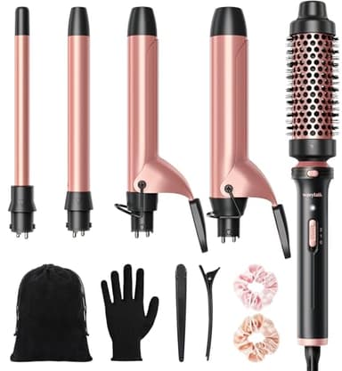 Wavytalk 5 in 1 Curling Iron,Curling Iron Set with Heated Round Brush and 4 Interchangeable Ceramic Curling Wand(0.5”-1.25"), Instant Heat Up,Dual Voltage Hair Curler - Image 1
