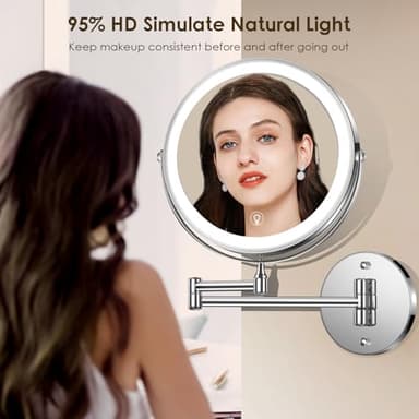 MNIENT Wall Mounted Lighted Makeup Mirror, 8" Rechargeable Double-Sided Light up Magnifying Mirror 1x/10x, 3 Colors Led Vanity Mirror with Lights, Touch Dimmable 360° Rotation Foldable - Image 7