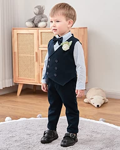 YALLET Toddler Baby Boy Clothes Suit Gentleman Wedding Outfits, Formal Dress Shirt+Bowtie+Vest+Boutonniere+Suspender Pants(V Navy Blue, 2-3T) - Image 8