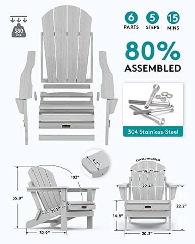 SERWALL Foldable Adirondack Chair Set of 2 for Patio Garden Outdoors Fire Pit-Space Grey - Image 3