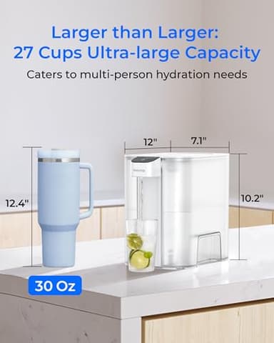 Waterdrop Large 27-Cup Mega Electric Water Filter Dispenser, 200-Gallon Rechargeable Instant System, NSF/ANSI 42&53&401&372, Reduce PFAS, Lead, Chlorine, with 1 Filter, White, Does not Lower TDS - Image 3