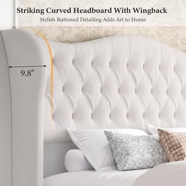 Queen Size Bed Frame-Upholstered Platform Chenille Sleigh Bed-51 inch Scroll Wingback Tall Headboard Footboard-Deep Button Tufted-Easily Assemble-Wood Slats Support-No Box Spring Required-Cream - Image 4