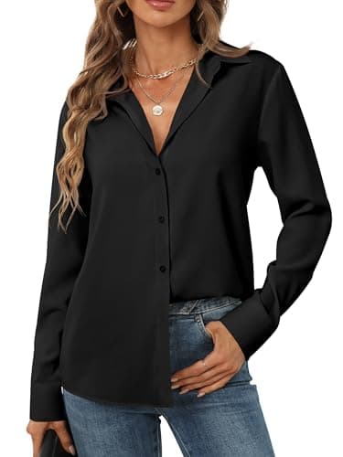black button down shirt women womens button-down collared dress shirts long sleeve polyester for work v neck oversized tailored tunic fitted casual workshirt with strappy loose fit Black SIZE XL - Image 3