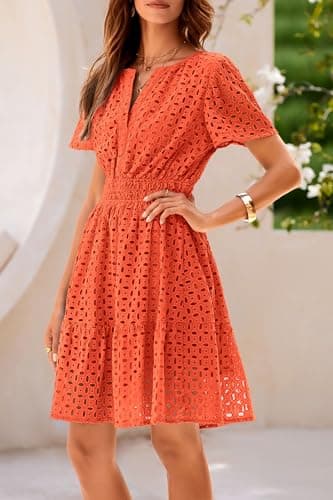 PRETTYGARDEN Womens 2025 Summer Short Dress V Neck Short Sleeve A Line Hollow Out Lace Ruffle Cute Casual Beach Party Dresses (Orange,Medium) - Image 7