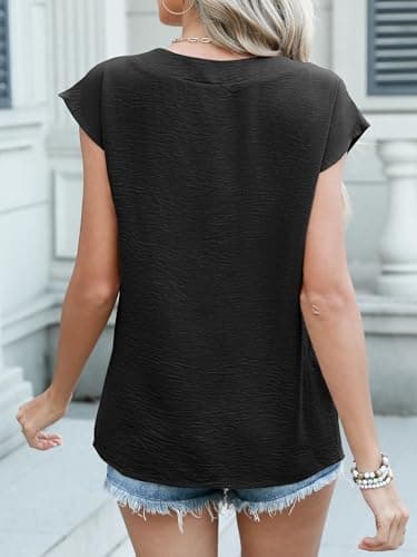 ANRABESS Women Tops Cap Sleeve Textured Dressy Casual V Neck Shirts 2025 Summer Business Work Blouses Outfits Black Large - Image 5