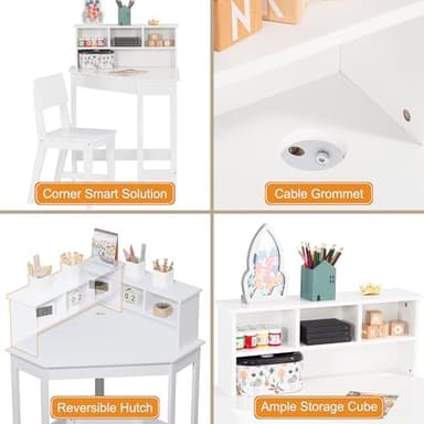 UTEX Kids Desk, Kids Corner Desk and Chair Set, Children Study Table with Storage and Hutch for Home School Use, White - Image 5