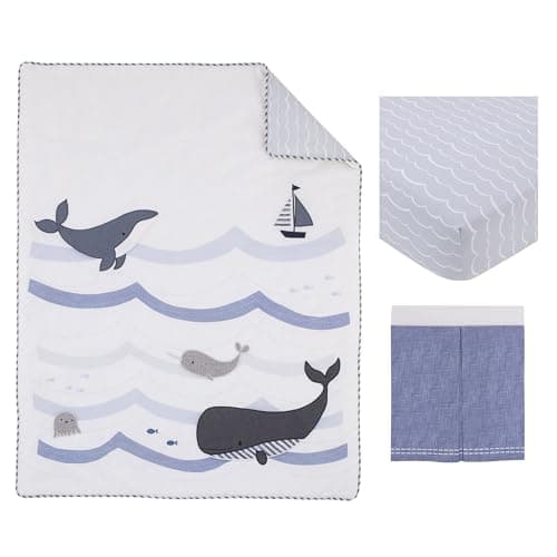 NoJo Marine Navy, Light Blue, Chambray, and White Ocean Friends 3 Piece Nursery Crib Bedding Set - Comforter, Fitted Crib Sheet, and Crib Skirt - Image 1