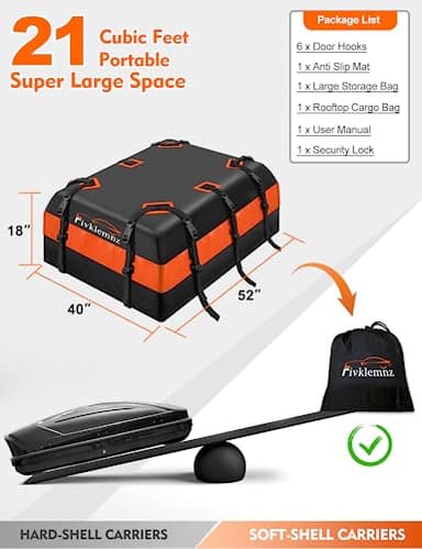 FIVKLEMNZ 21 Cubic Car Rooftop Cargo Carrier Roof Bag Waterproof for All Top of Vehicle with/Without Rack Includes Topper Anti-Slip Mat + Reinforced Straps + 6 Door Hooks + Luggage Lock - Image 4