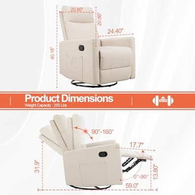 Sweetcrispy Recliner Chair, 360 Swivel Rocker Chair for Adults, Glider Rocker Recliners, Nursery Chairs for Living Room, High Back, Upholstered Deep Seat,Beige - Image 2