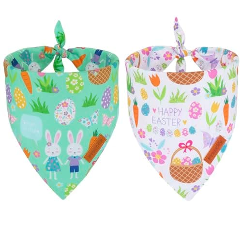 PTDECOR Easter Dog Bandana, Reversible Rabbit Easter Egg Dog Scarf, Multi Size, White Green Bandanas for Medium Large Dogs Pets (White&Green, Large) - Image 1