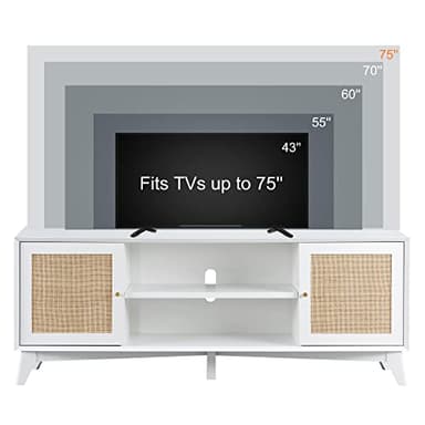 OKD TV Stand for 75+ Inch TV, Mid Century Modern Entertainment Center with Natural Rattan Door, Storage Shelves, Long Boho Media TV Console, Long Television Stand for Living Room, White - Image 6
