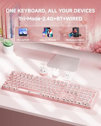 SEUNKWANG EWEADN TK950 Typewriter Keyboard Wireless Mechanical Keyboard, 104 Keys Aesthetic Typewriter Keyboards with White Backlit, Anti-Ghosting, Blue Switch Bluetooth/2.4GHz/Wired Keyboards-Pink - Image 3
