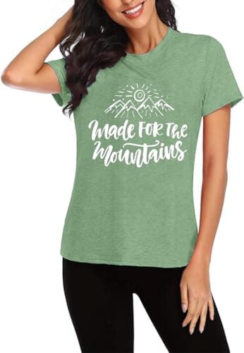 Hiking Graphic Tees for Women Sunrise Mountain Graphic Shirt Letter Print Short Sleeve Summer Casual Camping Clothes-L (Light Green) - Image 2