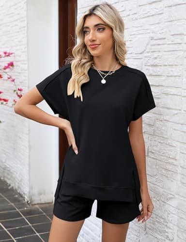 LOMON Womens 2 Piece Outfits Comfy Short Sleeve Lounge Wear Set Fashion Spring Shorts Tops with Pockets(Black,XXL) - Image 2