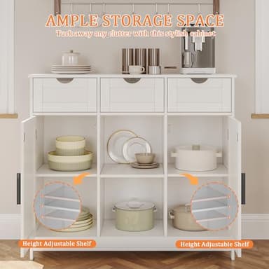 Viaozutis Storage Cabinet, Coffee Bar Cabinet with 2 Adjustable Shelves, 3 Drawers, and 2 Doors, for Bathroom, Kitchen, Living Room (White) - Image 4